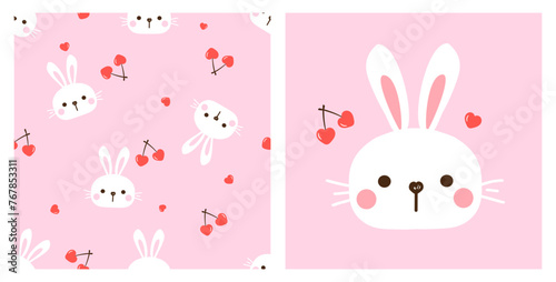 Seamless pattern with bunny rabbit cartoons and heart shape cherry fruit on pink background vector.