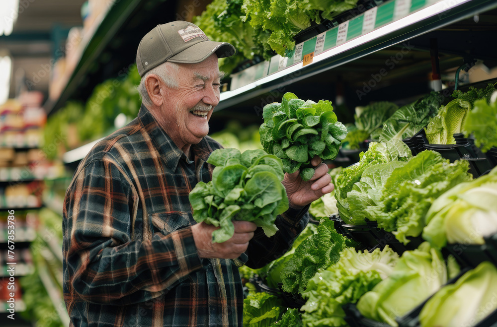 Elderly man holding lettuce in grocery store, smiling at the camera