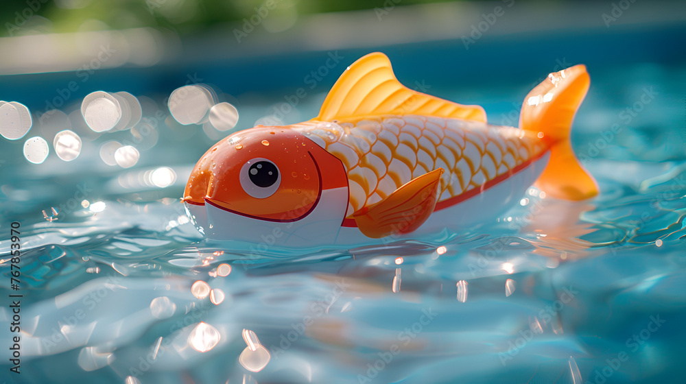 detail of an inflatable fish toy in the pool, generative ai