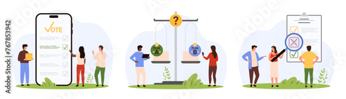 Business choice between options priority, voting set. Tiny people vote online with mobile app, check list with magnifying glass, compare plan A and plan B on balance scales cartoon vector illustration © Iconic Prototype
