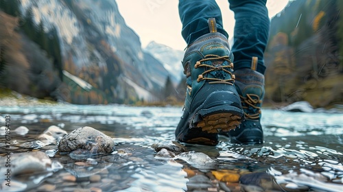 View from mountains - Hiking hiker traveler landscape adventure nature outdoors sport background panorama - Close up of feets with hiking shoes from a man or woman walking in the river © Sittipol 