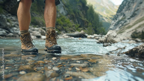 View from mountains Hiking hiker traveler landscape adventure nature outdoors sport background panorama  Close up of feets with hiking shoes from a man or woman walking in the rive. photo