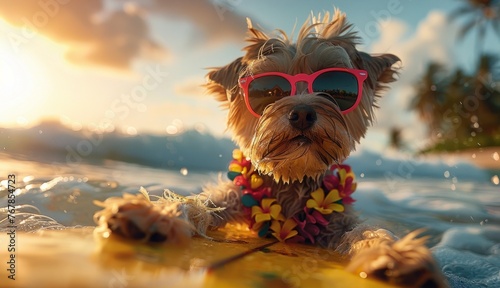 cute yorkshire terrier surfing in the sea. Holidays mood © Miss V