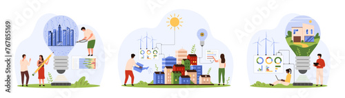Green energy project for eco friendly city set. Tiny people save environment with houses inside light bulb, urban landscape with buildings, solar panels and wind turbines cartoon vector illustration