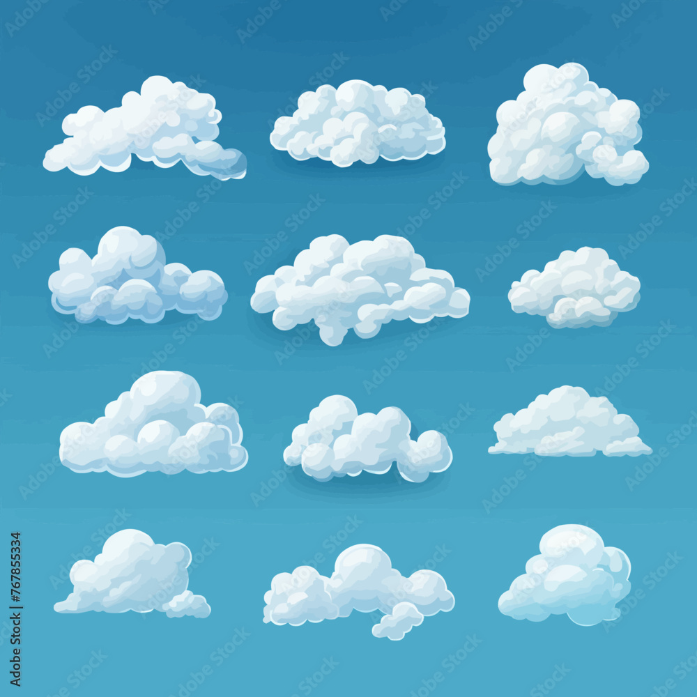 Cartoon white clouds icon set isolated on blue background. Cloudscape in flat style. Blue sky cloud weather symbol. Vector illustration cloudy panorama Cartoon white clouds icon set isolated on blue background. Cloudscape in flat style. Blue sky cloud weather symbol. Vector illustration cloudy panorama