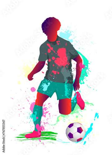 A football player with a ball. Silhouette of a football player with a ball in grunge style, with the overlay of various textures in the form of splashes, spots, and blots