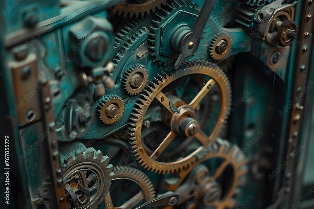 Antique Clock Mechanism: Close-up of the intricate gears and mechanisms inside an antique clock.

