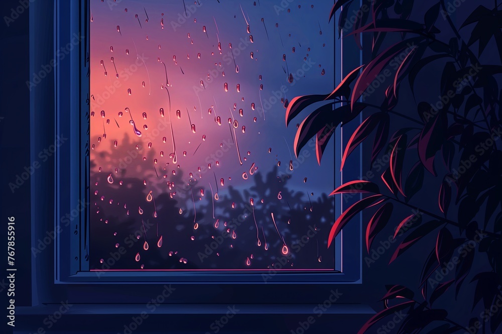 A serene twilight scene with raindrops on a window, reflecting the contemplative mood of a rainy evening - obrazy, fototapety, plakaty 