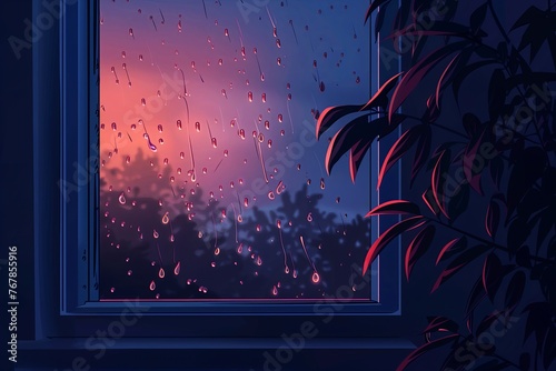 A serene twilight scene with raindrops on a window, reflecting the contemplative mood of a rainy evening