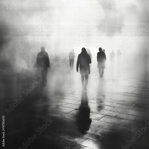 Shadowy figures shrouded in fog create a moody and intriguing monochromatic scene.