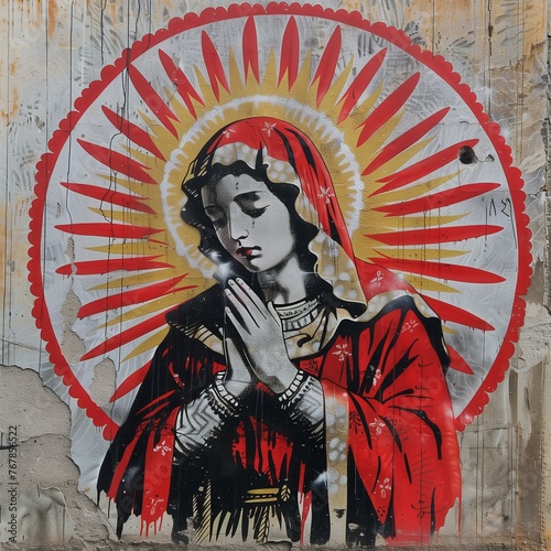 Street art of Virgin Mary on a wall, layered with texture and graffiti, reflecting urban spiritual themes.
