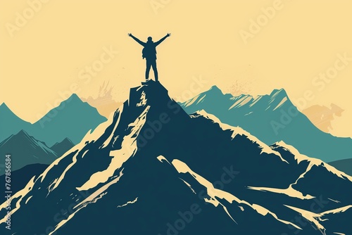 A striking illustration of an adventurer atop a mountain peak, arms raised in victory against a golden sky.