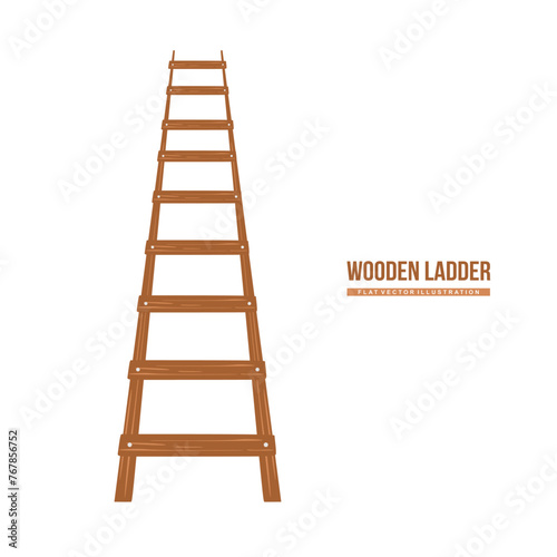 Wooden ladder for domestic, construction needs and housekeeping. Vector wooden stair isolated on white background. Big and long stepladder in flat style. Colored vector illustration