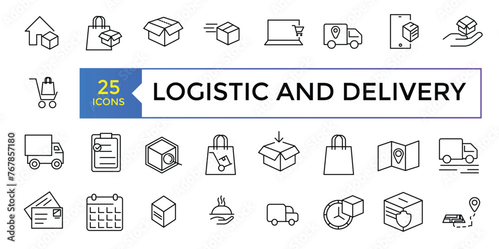 Set of line icons related to supply chain. Set of outline vector icons. Includes such as Loading, Express Delivery, logistic and delivery.