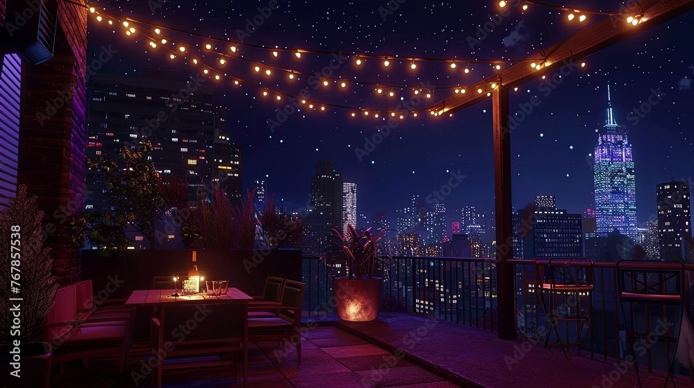 An intimate rooftop setting perfect for dinner, adorned with string lights and offering a stunning view of the city's sparkling night skyline. Rooftop Dinner Overlooking the City Night Lights
An intimate rooftop setting perfect for dinner, adorned with string lights and offering a stunning view of the city's sparkling night skyline. Rooftop Dinner Overlooking the City Night Lights