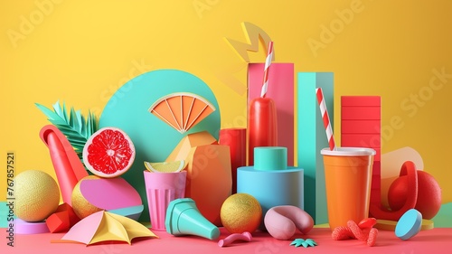 Colorful still life 3 dimensional composition with citrus and balls on pastel background