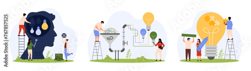 Creative ideas, insight and solution search, brainstorming process set. Tiny people work with filter to untangle complicated problem, connect puzzle piece inside light bulb cartoon vector illustration