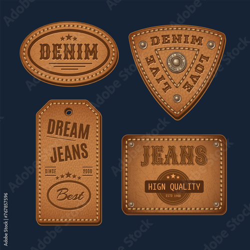 Leather textured labels with text, stitching, rivets. Detailed vintage illustration on dark background. Design elements for denim style