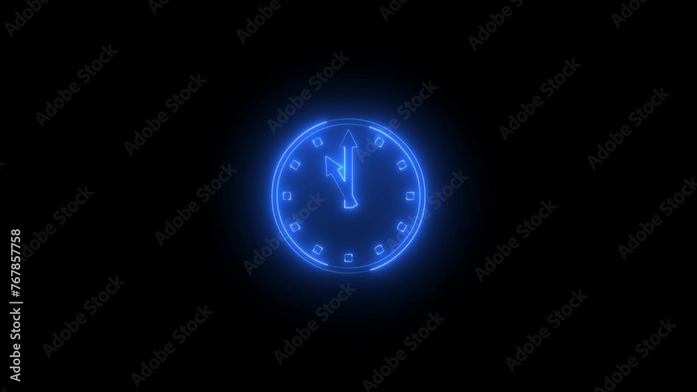 Neon glowing blue color eleven o'clock icon animation black background