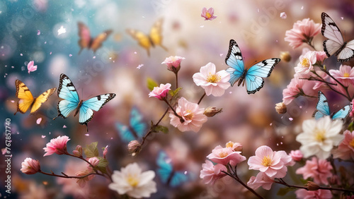  background filled with clear fluttering colorful butterflies amidst blossoming flowers