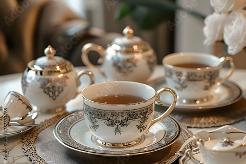 Set on a wooden table, a refined porcelain tea set adorned with delicate floral patterns awaits, ready to host a traditional afternoon tea with elegance and charm.