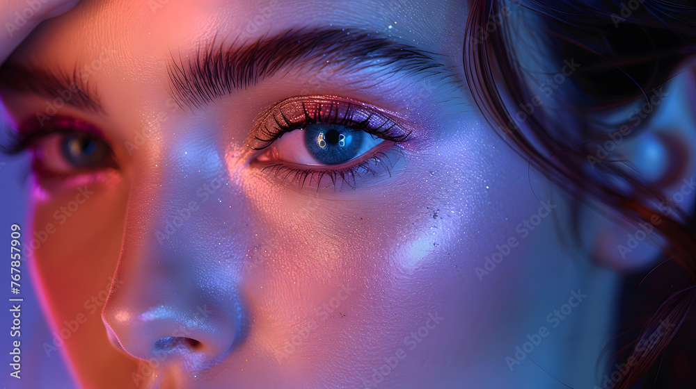 A stunning close-up of a woman's eye, adorned with shimmering eyeshadow and highlighted by a soft blue light A stunning close-up of a woman's eye, adorned with shimmering eyeshadow and highlighted by a soft blue light