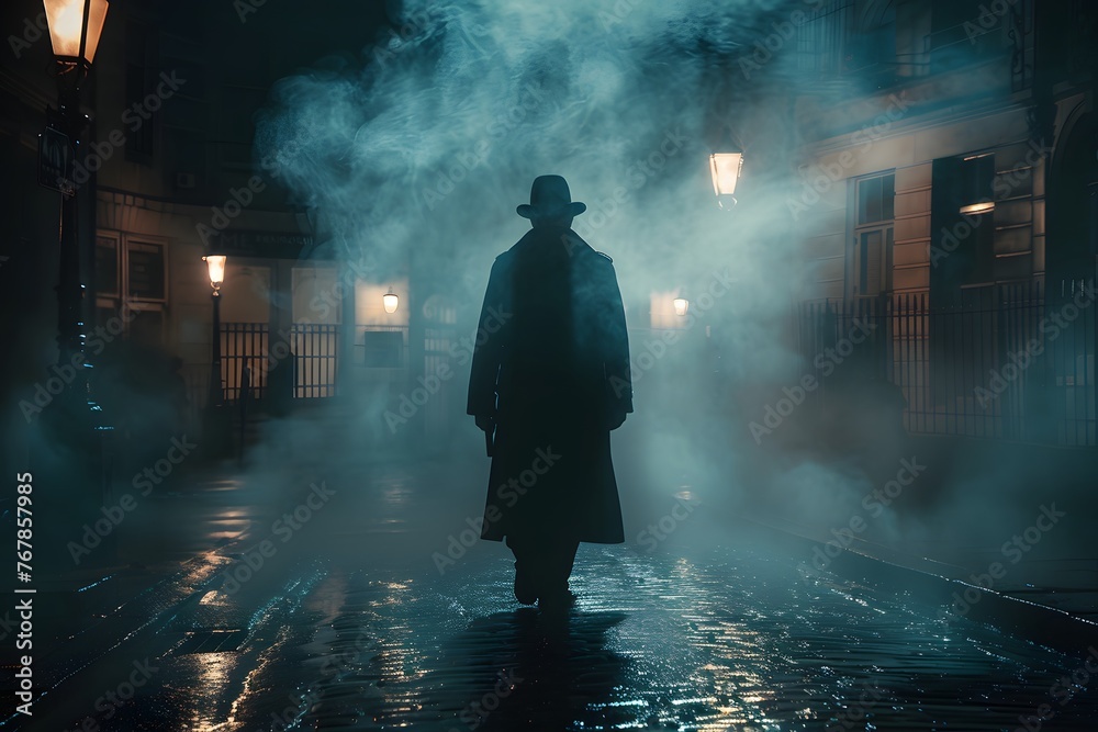 Silhouette of a lone man walking down a foggy city street at night, with streetlights casting a dramatic glow.