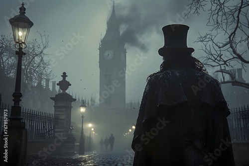 A cloaked figure with a top hat stands near Big Ben, overlooking a foggy, lamp-lit London pathway. photo