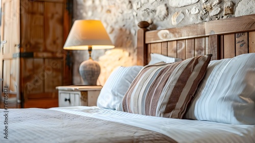 Close up of rustic bedside table lamp near bed with wood headboard. French country, farmhouse, provence interior design of modern bedroom.