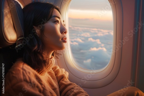 The Start of an Adventure  Asian Woman Gazing Through the Airplane Window, Embarking on a Journey Filled with Hope and Excitement