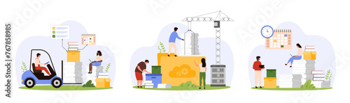 Overload of office paperwork, bureaucracy set. Tiny busy people load piles and big stacks of paper documents with construction crane and forklift, organize data files cartoon vector illustration