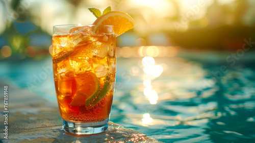 Iced Tea with Lemon by the Pool at Sunset