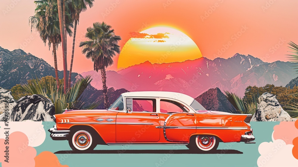 Craft a nostalgic travel collage: A vintage car from the 50s, 60s against a backdrop of palms, mountains, and art deco elements. Ideal for magazine, poster, postcard, social media