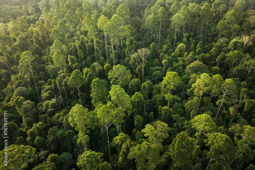 A dense forest filled with towering green trees as far as the eye can see