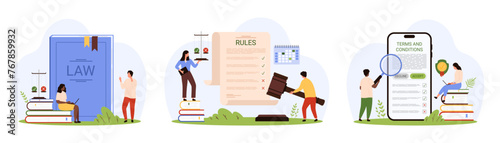 Law, company policy and rules, user agreement to terms and conditions set. Tiny people reading guideline document with magnifying glass, legal information in paper book cartoon vector illustration
