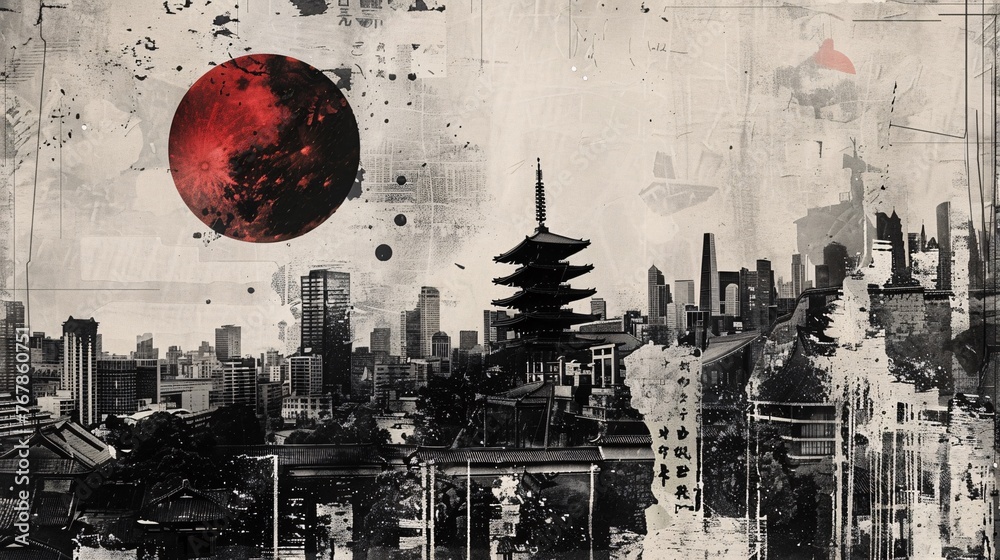 Craft a vintage grunge black and white collage poster featuring an Asian cityscape. Incorporate diverse textures and shapes for a dynamic visual composition - obrazy, fototapety, plakaty 