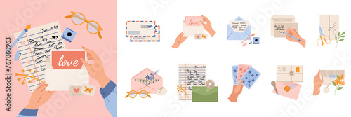 Hand drawn flat mail icons with illustration set collection
