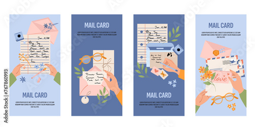 Hand drawn flat mail vertical card set collection with letters