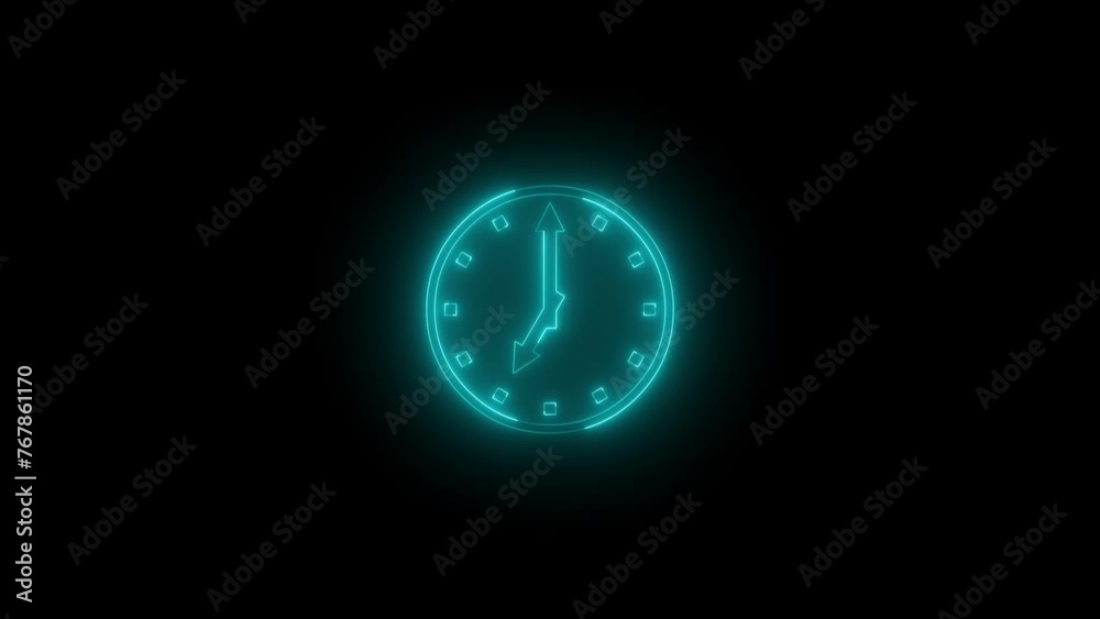 Neon glowing cyan color seven o'clock icon animation black background Neon glowing cyan color seven o'clock icon animation black background