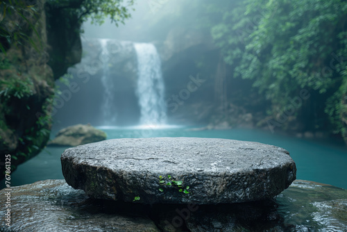 Round stone platform and waterfall in tropical forest, natural background.
