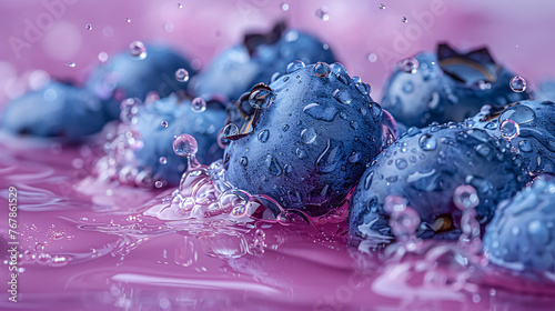 Blueberries with drops of water splashing on a pink background.