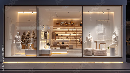 3D rendering of a modern shop window with a display of accessories.