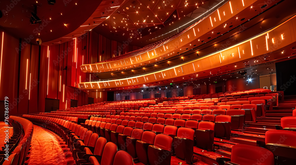 Cinema auditorium with red seats and lighting in evening time.  Large concert hall and stage with luxurious architecture.  - obrazy, fototapety, plakaty 