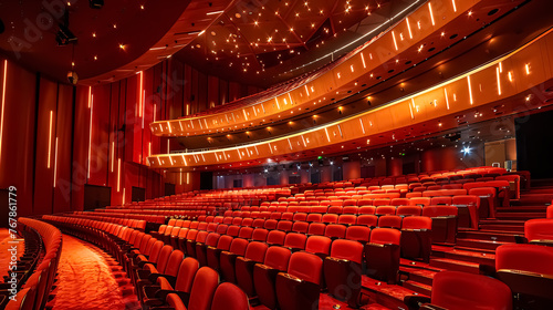 Cinema auditorium with red seats and lighting in evening time. Large concert hall and stage with luxurious architecture. 