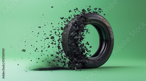 3D illustration of a black automobile tire with a green backdrop and an empty area for product or text, Generative AI.