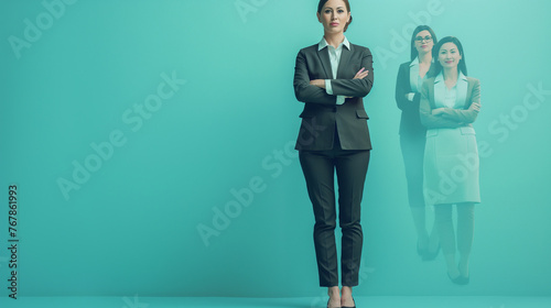 full length Woman Business manager standing in office leading her team on teal color background professional photography.