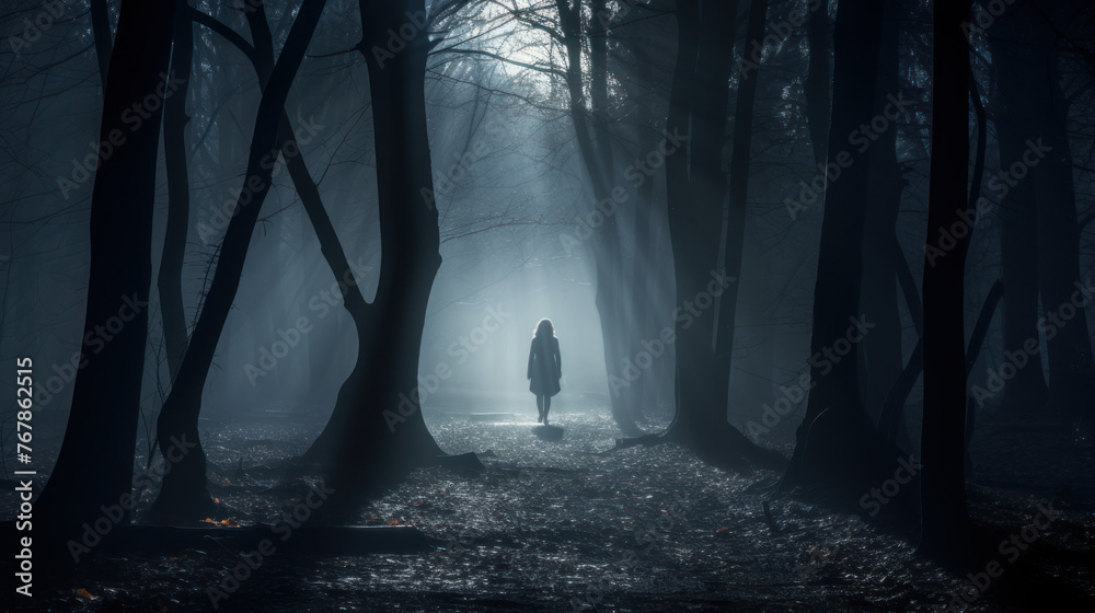 mysterious woman on spooky forest at night - obrazy, fototapety, plakaty 