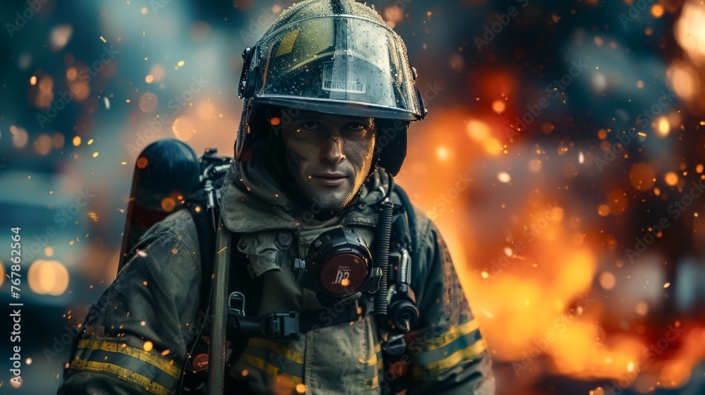 A firefighter saving a life, bravery and heroism, intense action scene A firefighter saving a life, bravery and heroism, intense action scene