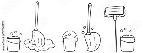 Set of mops with buckets. Outline vector isolated icons. Black color. Hand drawn illustration on shite background.
