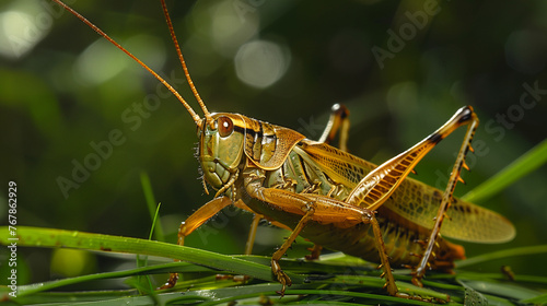 greenish yellow grasshopper leaper close up on a blade of grass